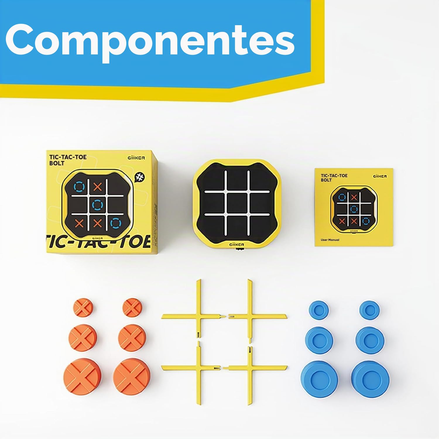 Giiker Tic TAC Toe Bolt Amarillo - Tres en Raya Electrónico 3 en 1 con Modo Batalla por Bluetooth - Juego de Mesa Portátil para Niños y Adultos - Juegos para Viajes - Regalos Niños 6 Años