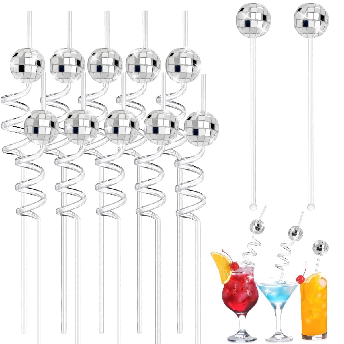Disco Ball Straws with Drink Stirrers, 12 PCS Glitter Silver Swizzle Straws Stir Sticks for Cocktails Plastic Straws Reusable for Home Bar Dance Disco Party Decorations Supplies