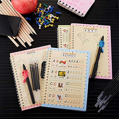 Alphabet Handwriting Practice Workbook for Kids, English Handwriting Pen Copybook Set for Kid Magic Calligraphy Reused Handwriting 4 Copybook with 1Pen 1Penholder 8 Refills