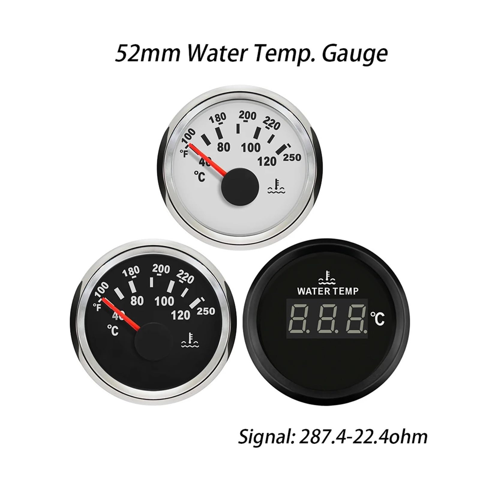 Medidor de temperatura del agua digital de 52 mm y 2 pulgadas, medidor de temperatura, 40-120 ℃ 9-32 V con luz de fondo roja Lectura clara(White silver)