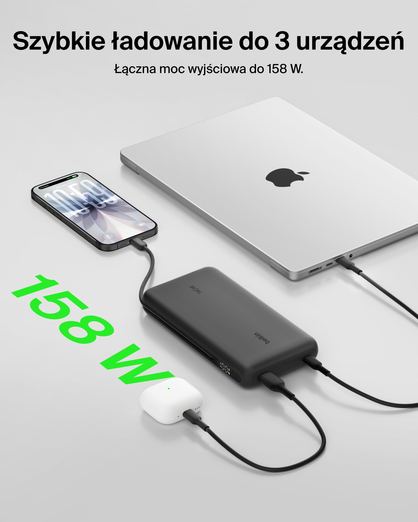Belkin UltraCharge Pro Powerbank 25 000 mAh do Laptopów – Czarny | Powerbank 25 000 mAh, 1 Port USB-C, 1 Port USB-A i Kabel USB-C, 158 W Power Delivery, Wstępnie Naładowany, Wyświetlacz