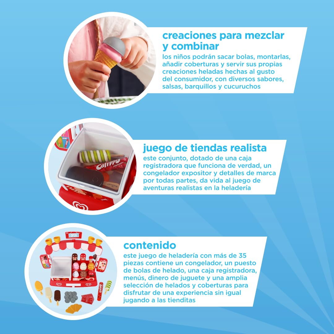 Juego de heladería Oficial de Frigo Casdon | Heladería de Juguete para niños de Dos años en adelante | con congelador, mostrador, Monedas de Juguete y más de 35 Piezas