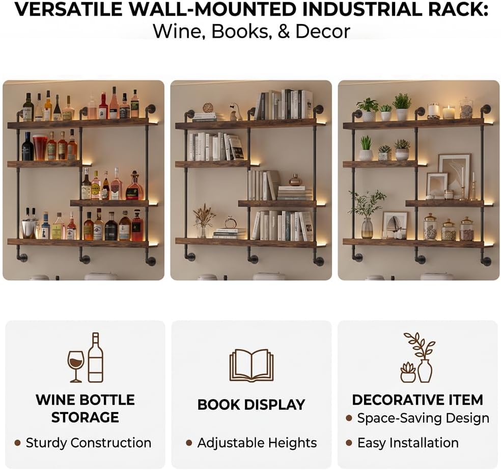 4-Tier Wall Mounted Wine Rack with LED Lights; 39.8" W