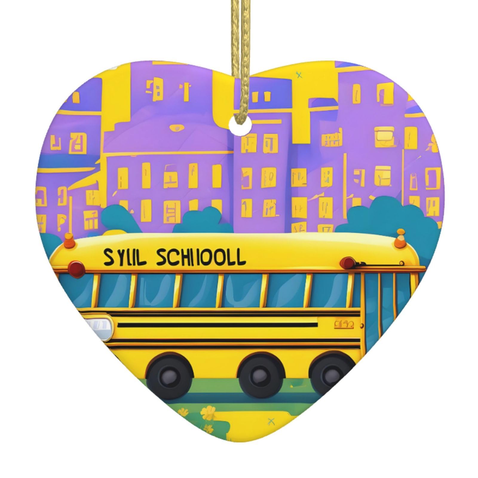 Nbtghga White School Bus Print Christmas Ornaments, Ceramic Hanging Ornament, Xmas Tree Decoration, Holiday Home Decor