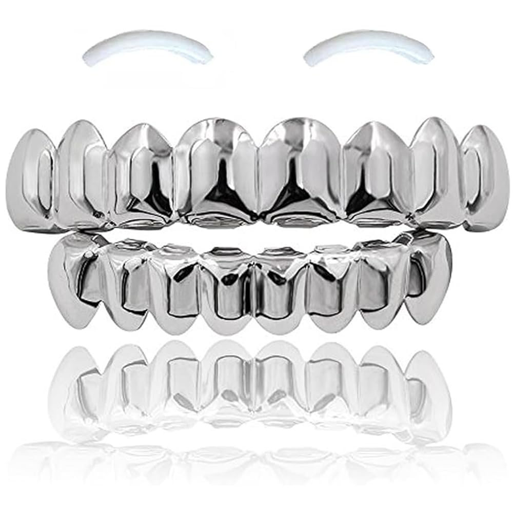 SSyang 18K Hip Hop Teeth Grills For Mouth With 2 Silicone Moldings Top Bottom Music Festival Party Rapper Decorations Silver — image 1