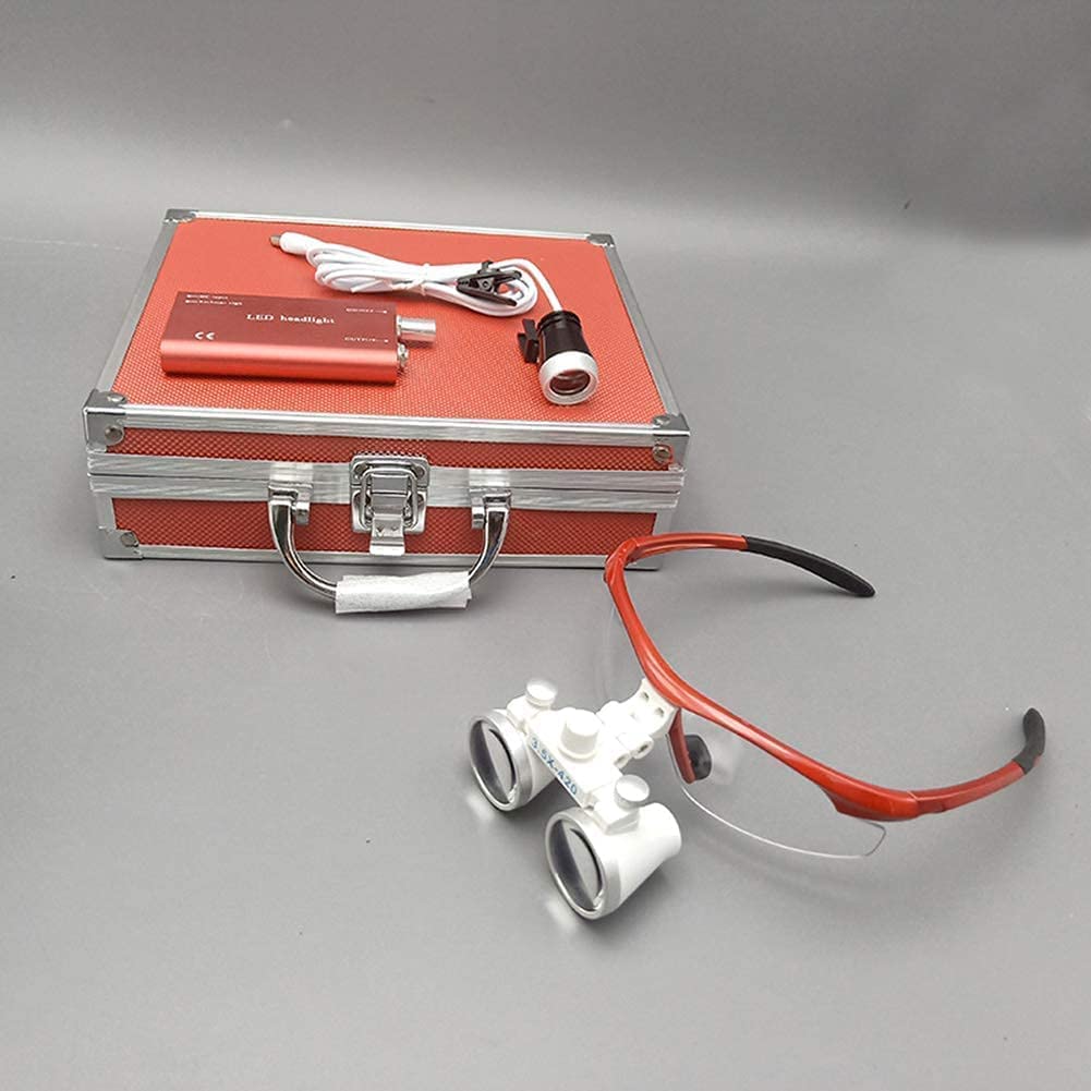 GaRcan Lupa con luz, Lupa médica Dental 3.5XR Marco Rojo lupas binoculares quirúrgicas Vidrio óptico + luz de Cabeza lámpara de luz LED reparación de Relojes