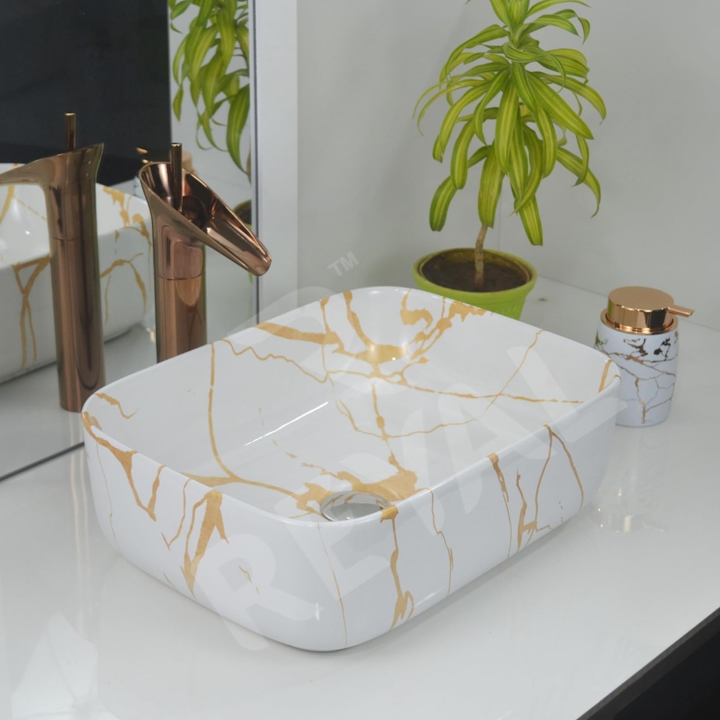 Reyal Marble Wash Basin - Ivory Gold Vessel Sink -23