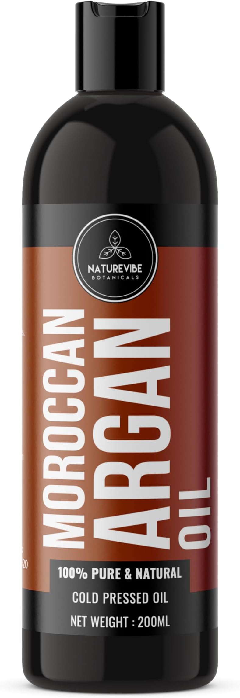 Argan Oil 200ml by Naturevibe Botanicals 100% Pure Cold Pressed Moroccan Argan for Hair, Skin & Face | For Body Massage | Rich in Vitamin E | Lightweight Moisturizing Carrier Oil for Dry & Frizzy Hair