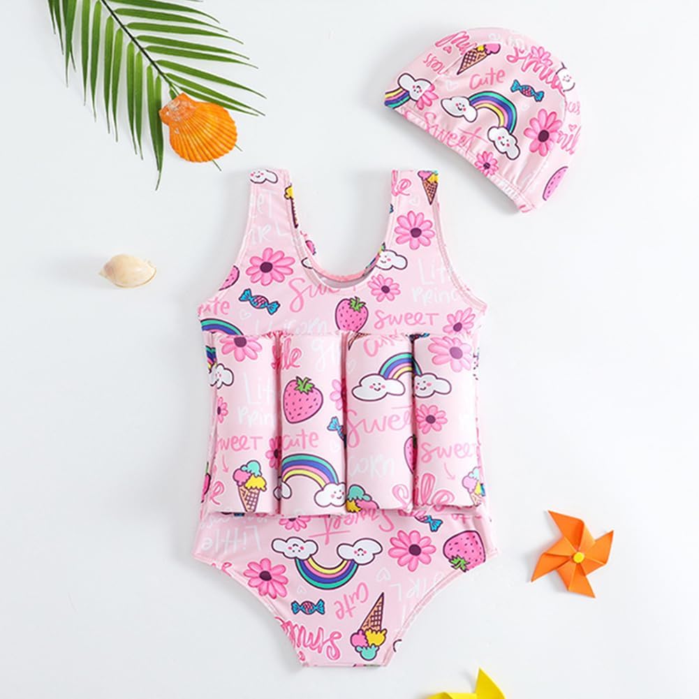 IDOPIP Toddler Girls Striped Floatation Swimsuit Baby Float Suit Swim Vest with Buoyancy Floaties One Piece Bathing Suit 4-8T