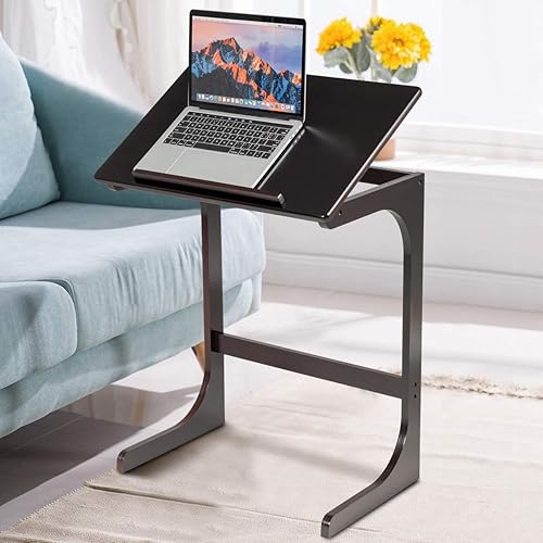 Miniatura 2 de Tangkula Mesa auxiliar de bambú para sofá, mesa auxiliar ajustable de 7 ángulos, escritorio para laptop con parte superior inclinable y patas