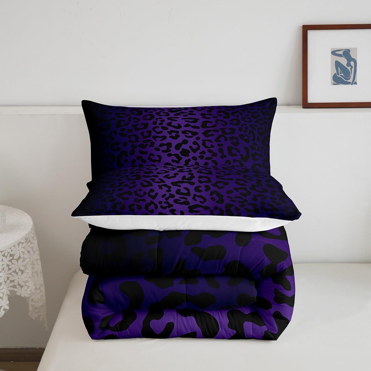 Feelyou Leopard Print Reversible Comforter Set for Kids Boys Girls Cheetah Comforter King Size Animal Print Bedding Set Bedroom Decor Safari Purple Duvet Set Quilt Set 3Pcs
