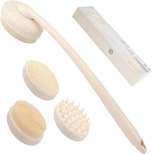 FREATECH 3 in 1 Spazzola per la Schiena in Silicone con Manico Lungo Curvo e 3 Spazzole Sostituibili, Doccia, Pulizia del Corpo, Esfoliante e Massaggiante per Capelli, Lgienico e Sostenibile
