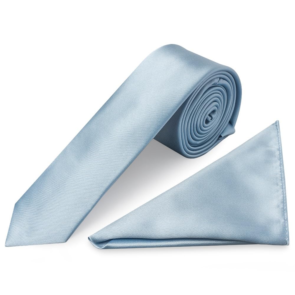 Ties R Us Men's Light Blue Plain Skinny Tie And Handkerchief Set