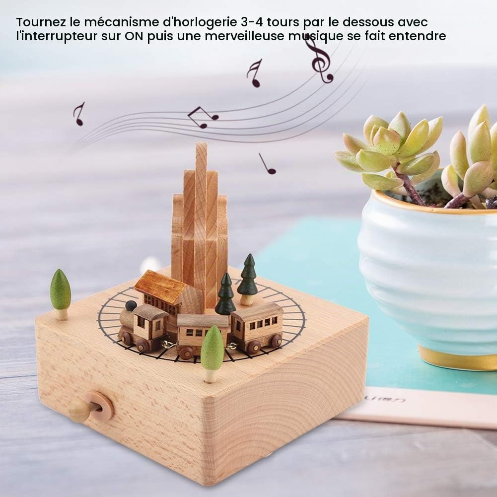Fdit Boîte à Musique en Bois fabriquée à la Main avec Train en Mouvement, Beau Bois d'artisanat Musical Anniversaire Cadeaux de noël décoration de la Maison