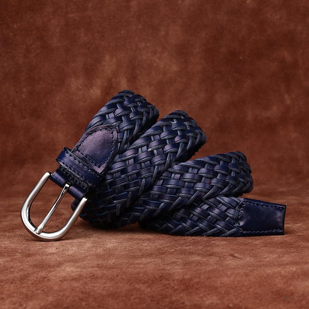 3cm Breiter Geflochtener Gürtel Aus Echtem Leder Für Damen Und Herren - Handgefertigtes Flechtgürtel Mit Dornschließe - Gewebte Ledergürtel Für Lässige Hosen(110cm/43, Blue)
