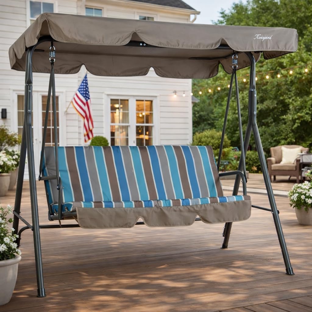 Kozyard Alicia 3-Seat Patio Swing, Outdoor Canopy Swing with Steel Frame, Adjustable Canopy and Removable Cushions for Porch Patio Garden Poolside, Blue Stripe
