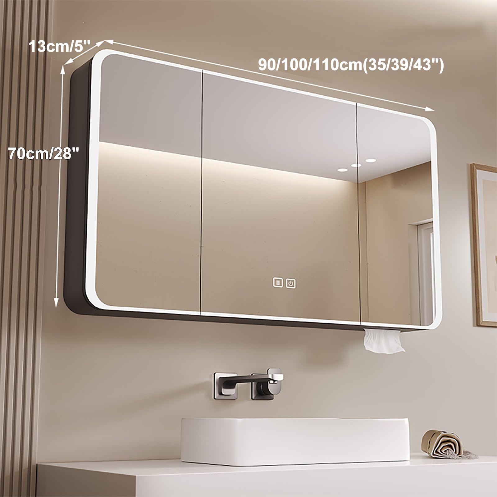 Generico mobiletto del Bagno,per armadietto dei medicinali da Bagno con Specchio, Bagno a LED con rettangolo Arrotondato, antiappannamento, attenuazione Continua, Alluminio Spaziale (Colore: Grigio,