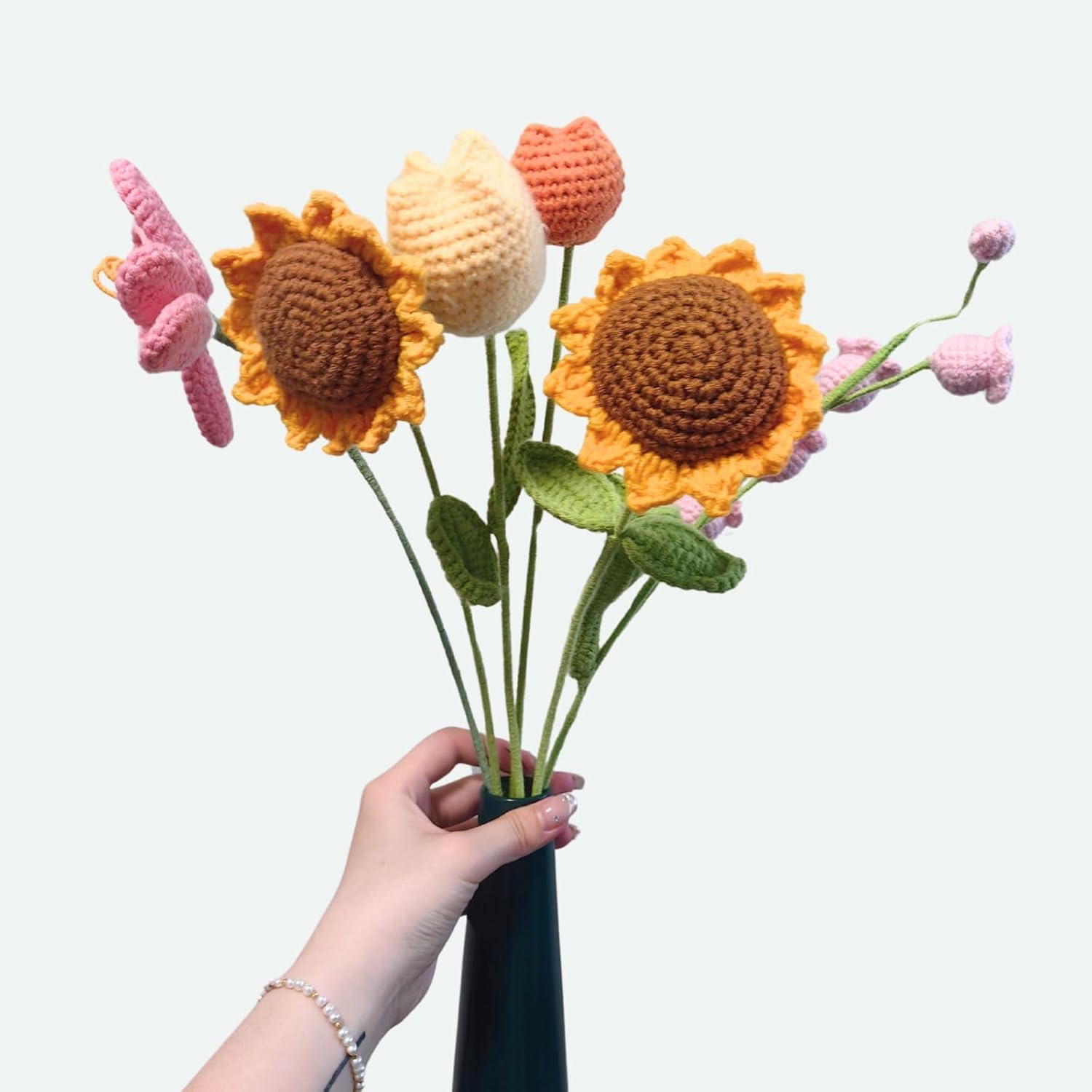 Tcomenun 6 PCS Hand-Made Crocheted Flower Bouquets,Vibrant Knitted Flowers, with Tulips, Sunflowers, Lily of The Valley for Home Decor, Gifts, Mother's Day, Valentine's Day (Sunflowers+Vase)