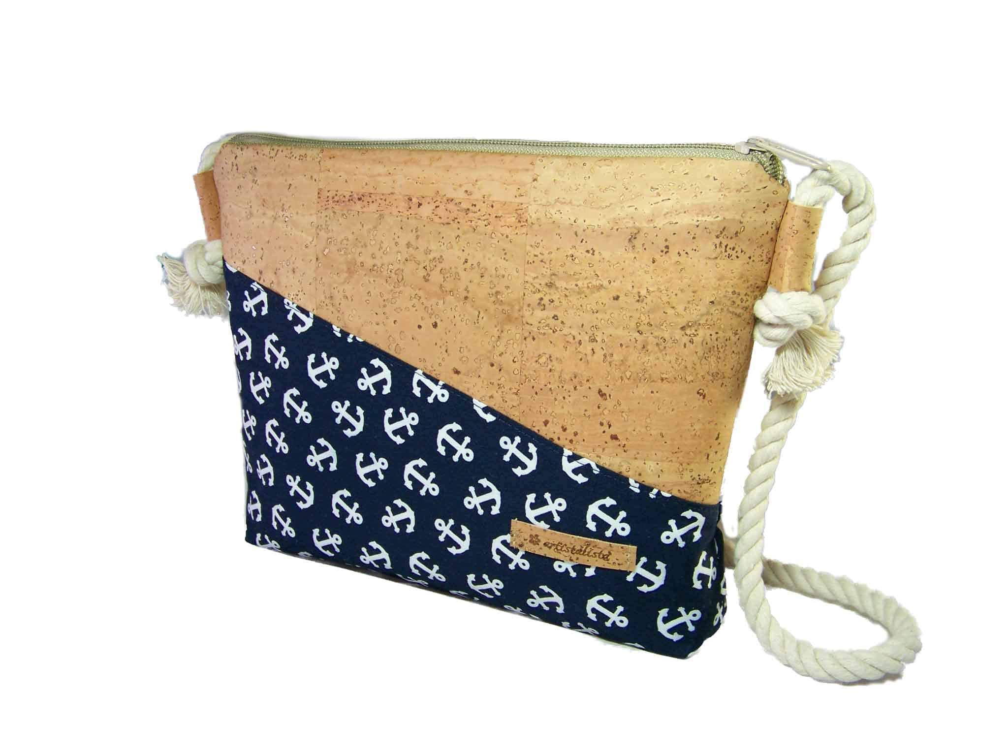 Handmade Korktasche mit Anker Stoff + Kork Schultertasche Umhängetasche Damen Tasche Handtasche, nachhaltig vegan und fair