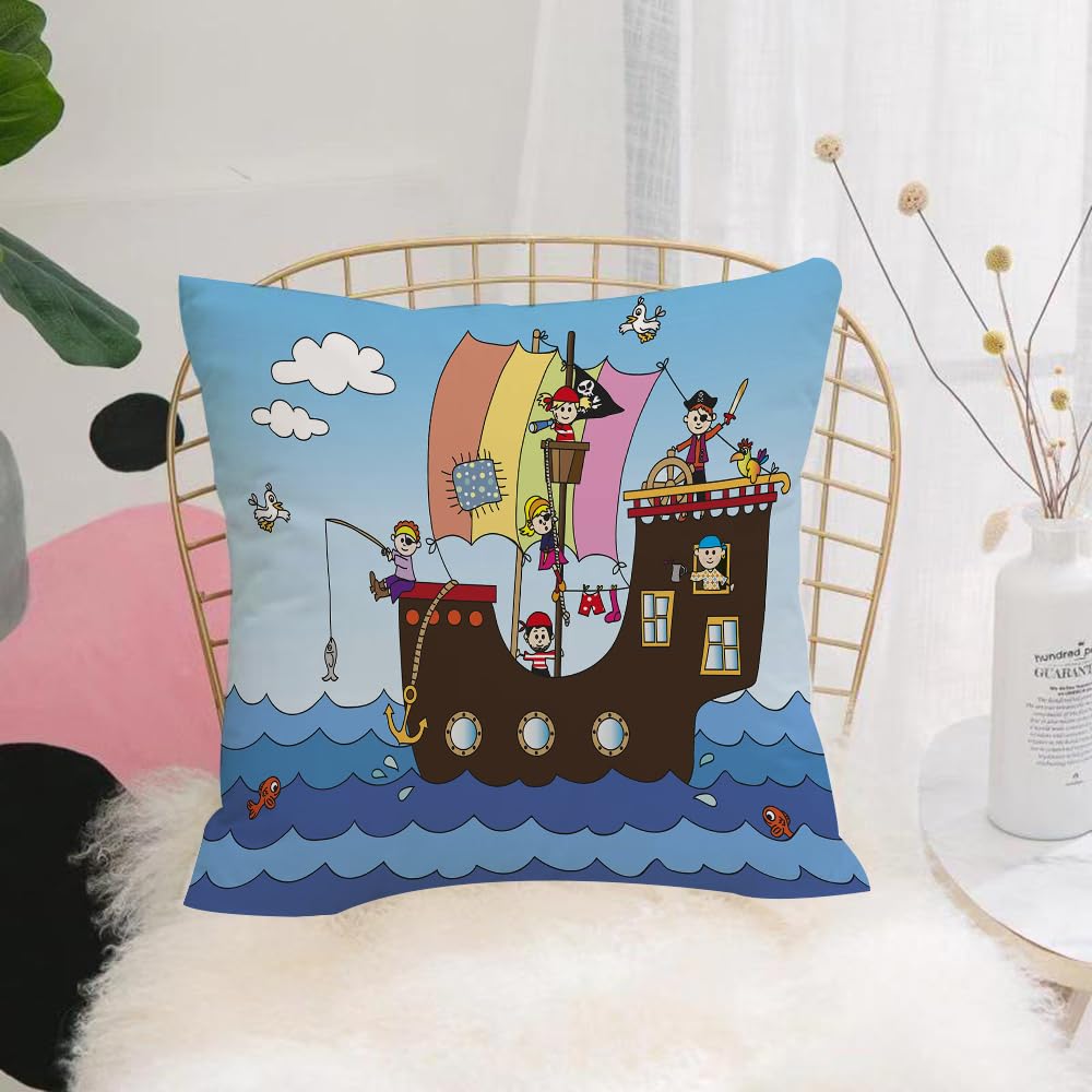 HYOSXW Cushion Cover,Throw Pillow Case Home Decorative for Living Room Bedroom Sofa Chair 16X16 Inch,Cartoon, a vibrant pirate ship with open crew, fishing and exploring on open wa,Pillowcase 40X40cm