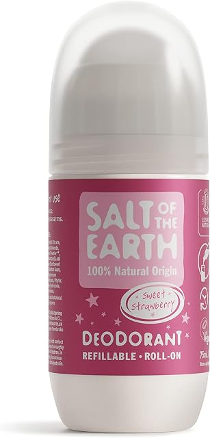 Salt of the Earth Refillable Natural Deodorant Roll On Sweet Strawberry - Effective Protection, 100% Natural Ingredients, Eco friendly, Vegan, Cruelty Free. Suitable for Women, Men & Kids - 75ml