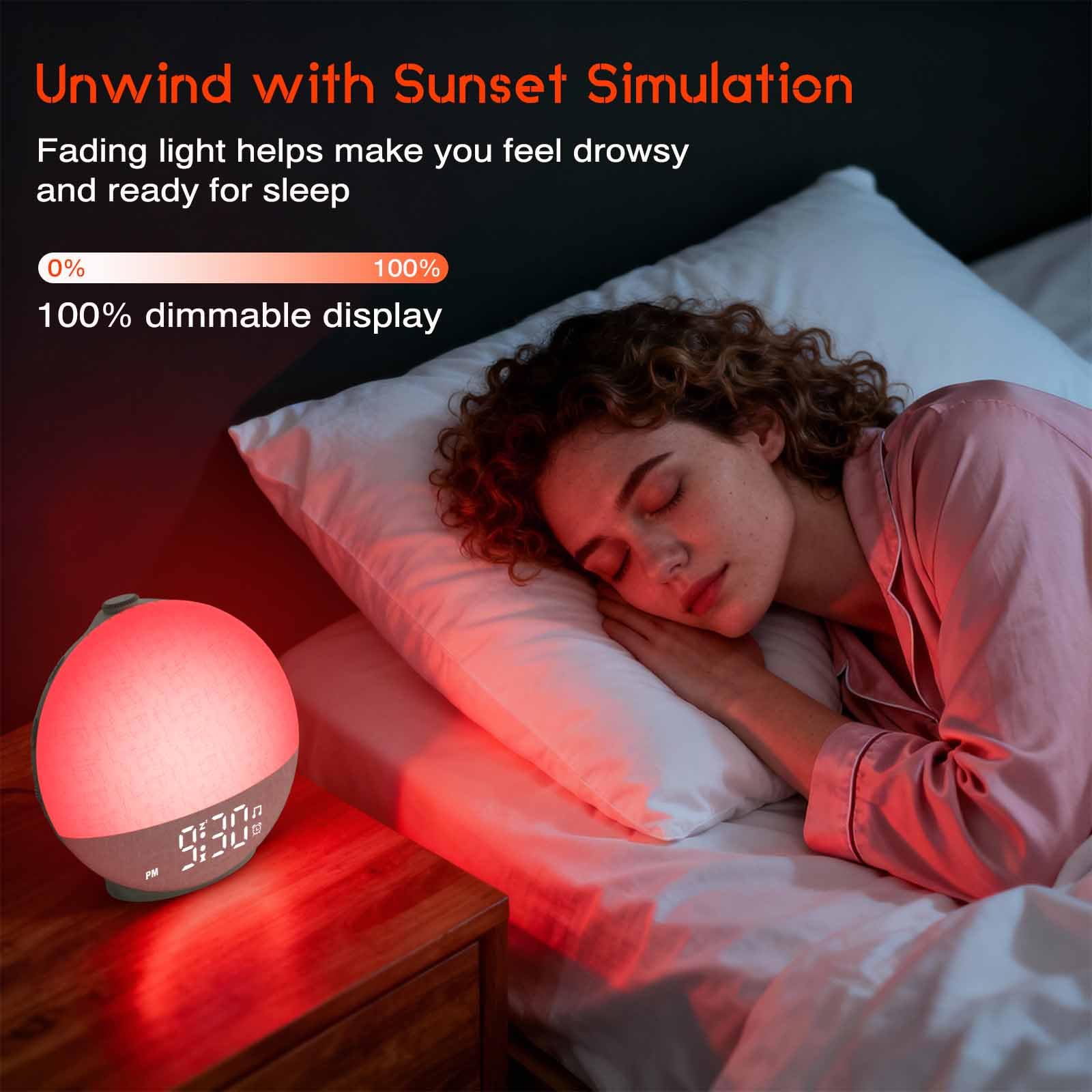 Reloj Despertador con Simulación de Amanecer, Despertador con Lámpara LED de Noche, 30 Efectos de Sonido Que Ayudan a Dormir, Función Temporizador y Snooze