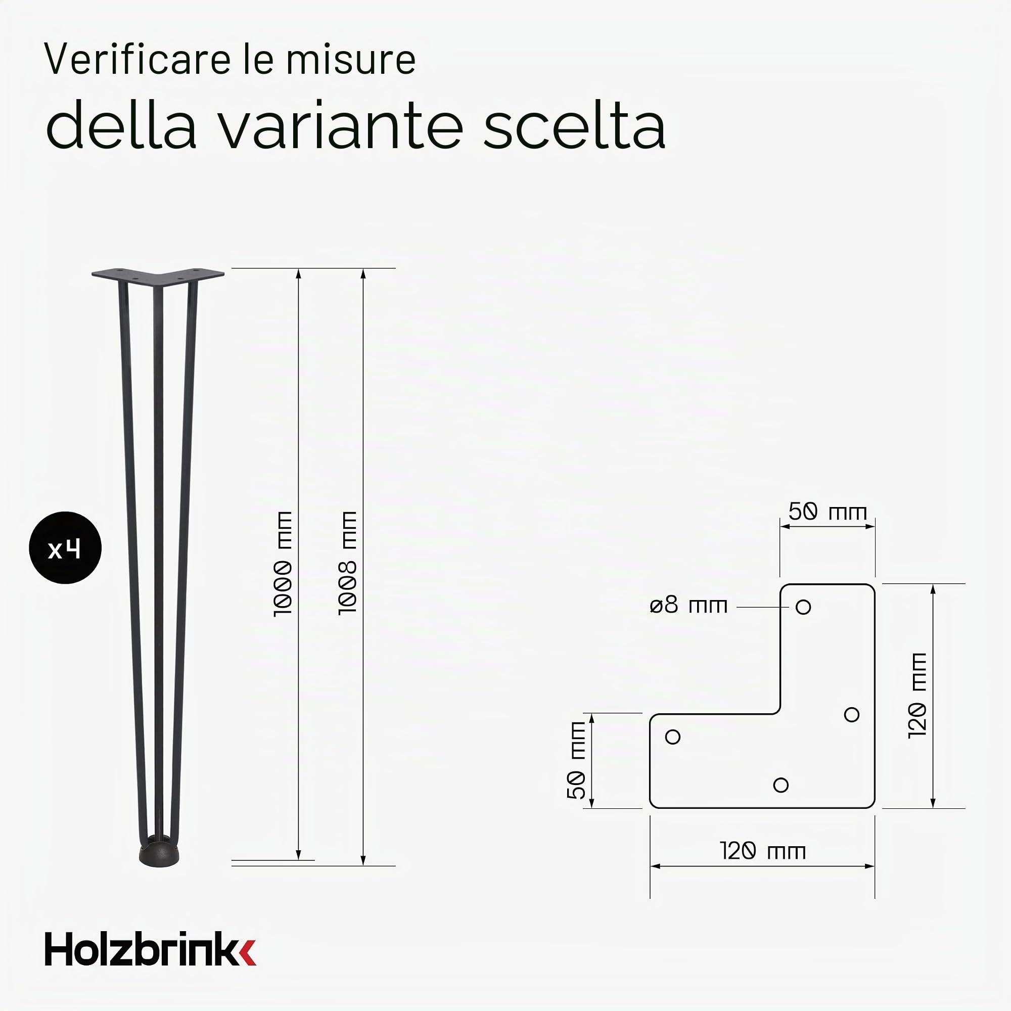 HOLZBRINK 4x gamba da tavolo in metallo con 3 aste Hairpin,Gamba con asta tripla per mobili, tavolo, 100 cm, Nero Intenso, HLT-13A-100-9005