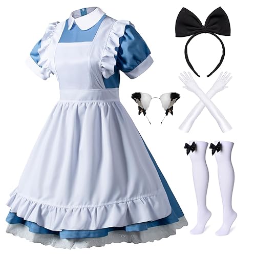 Wannsee Japanese Anime 6Pcs Lolita French Maid Apron Fancy Dress Cosplay Costume Gloves Headwear Socks set(Blue Plus size 5XL) - 5X-Large - 6pcs-blue
