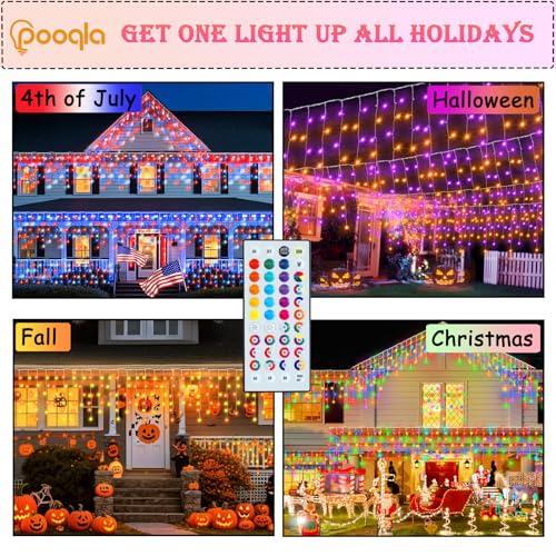 Image of Pooqla 35 Colors Icicle Lights for Outside, 39FT Icicle Christmas Lights | Outdoor Roof Christmas Lights with Remote, Color Changing LED Hanging String Lights for Roof Window Halloween Decorations