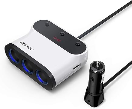 BESTEK 12V Adaptador de Encendedor del Coche con 3 Encendedores y 2 Puertos USB con Interruptores Independientes y Pantalla LED - Blanco BESTEK 12V Adaptador de Encendedor del Coche con 3 Encendedores y 2 Puertos USB con Interruptores Independientes y Pantalla LED - Blanco