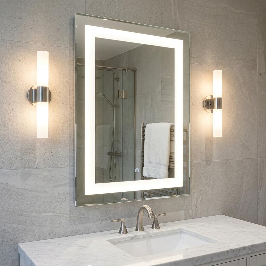 Croydex MM720700E Rookley Hang 'N' Lock Vertical Illuminated Mirror, Glass, Silver