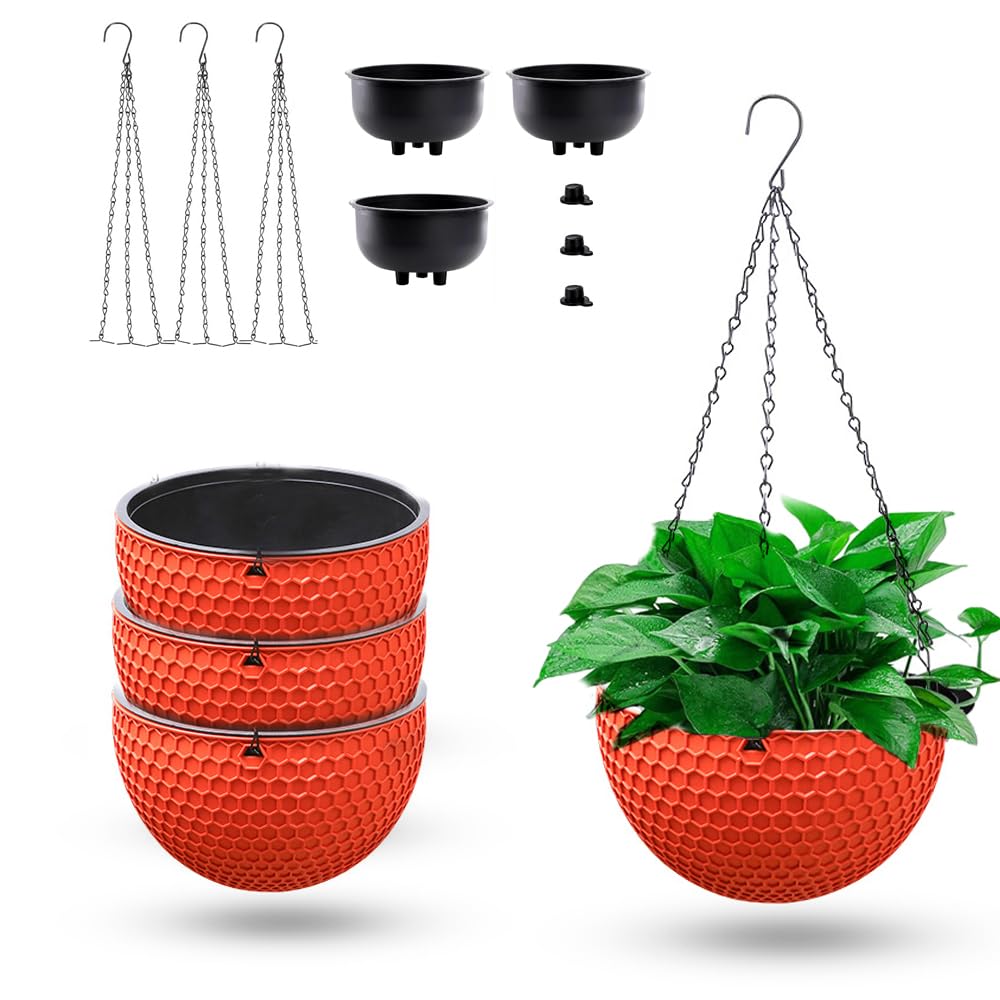 MoFarbe 8.3inch Large Hanging Planters Plant Pots - Self-watering Hanging Baskets Set of 3 Flower Pot with Drainage Hole Chain for Home Garden Deco (Orange)