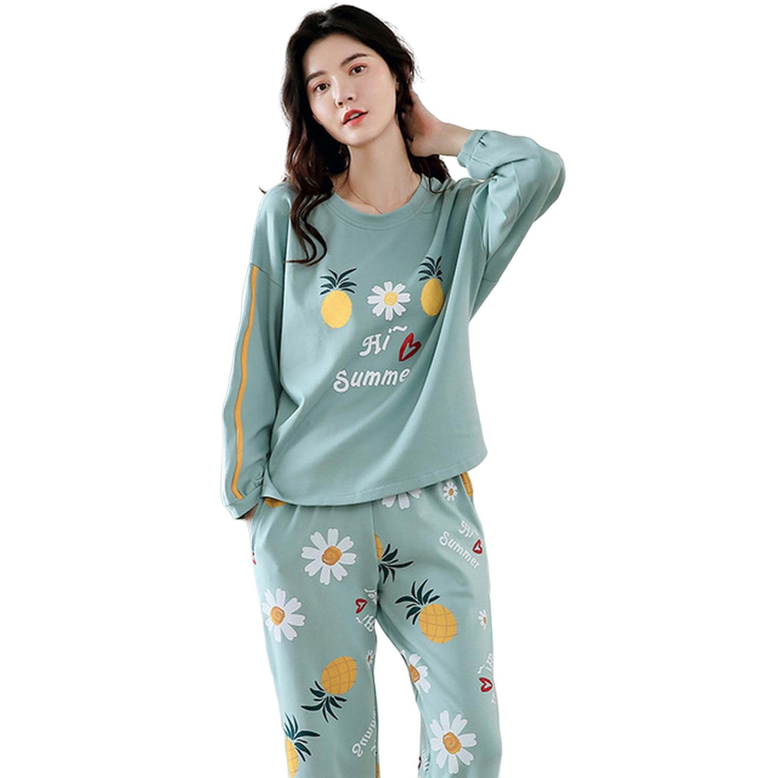 MOGSA Pijama para mujer, primavera, otoño, de algodón, elegante, floral, conjunto de ropa de dormir, pantalones a cuadros, pijama para mujer, hogar, W26, XL asiático (60-70 kg)