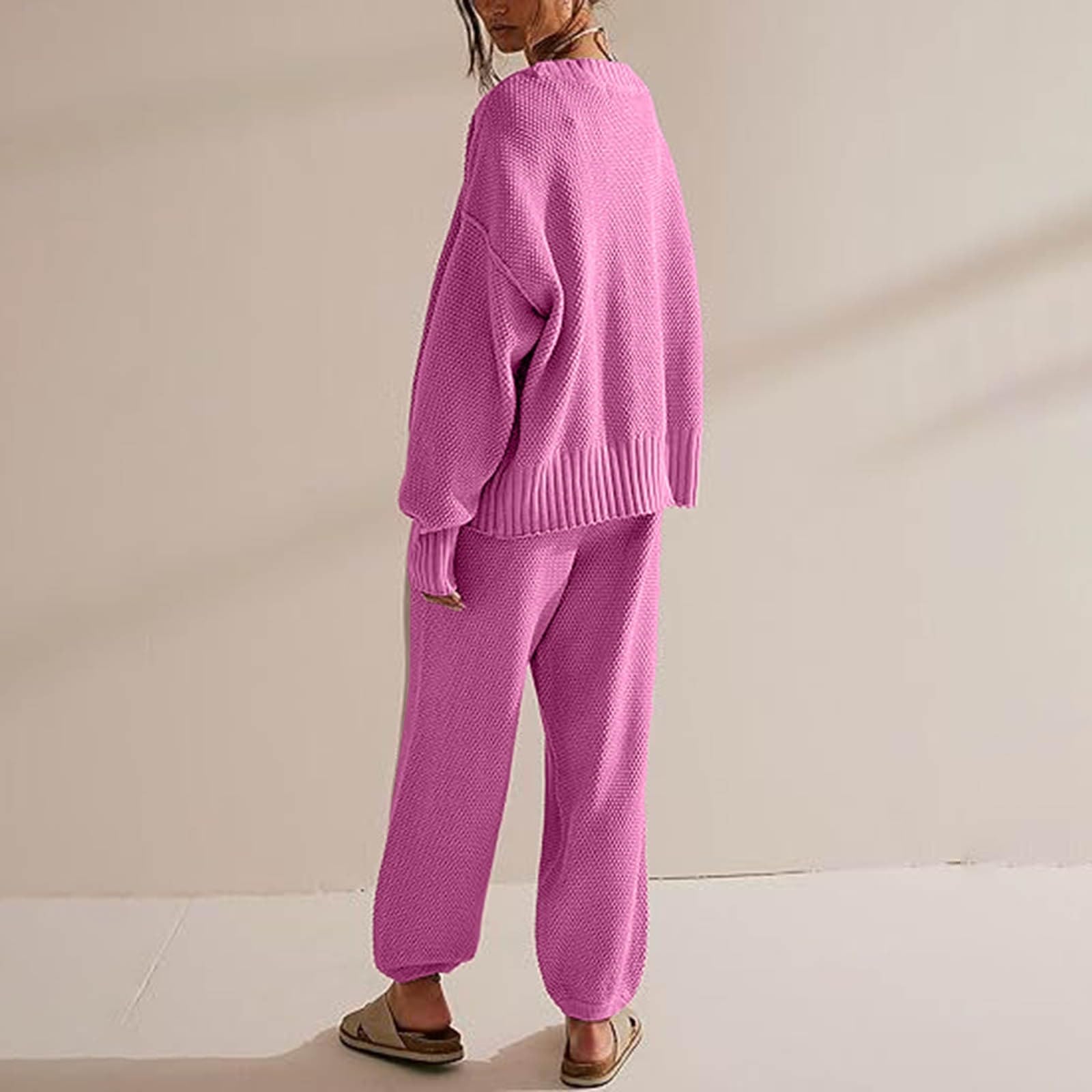Homewear Ensemble de 2 pièces en tricot pour femme Coupe ample Taille S à | Survêtement pour femme - Pantalon surdimensionné - Col en V - Combinaison de loisirs avec boutons - Veste de transition unie