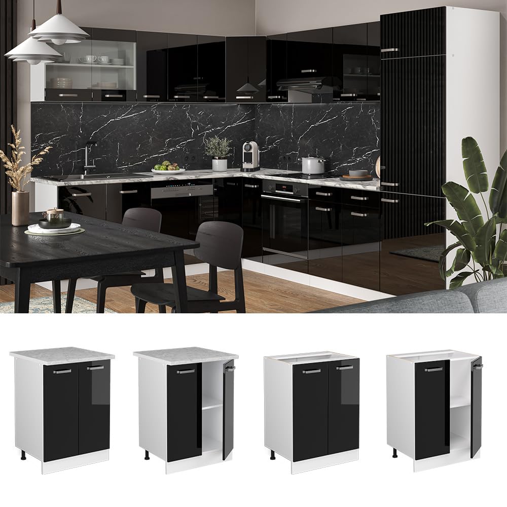 Vicco Mueble bajo de Cocina R-Line, Negro Brillo Intenso, 60 cm | sin encimera, para combinación libre dentro de sistemas de cocina modulares