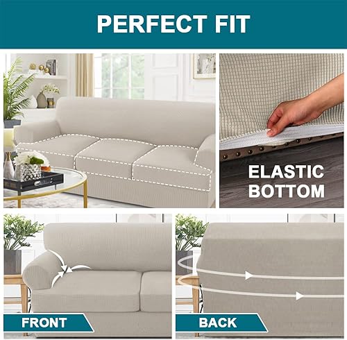 Miniatura 4 de Fundas de sofá de 4 piezas, fundas de sofá con cojín en T para sofá de 3 cojines, funda elástica para sofá con 3 fundas de asiento individuales con