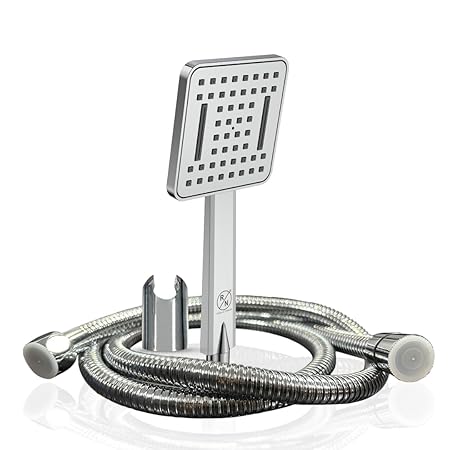 RN SS Hand Shower Set for Bathroom With 1.5 mtr Shower Hose & Holder, With Multiflow, Silicon Nozzle Square Shape Silver Chrome Finish_6921