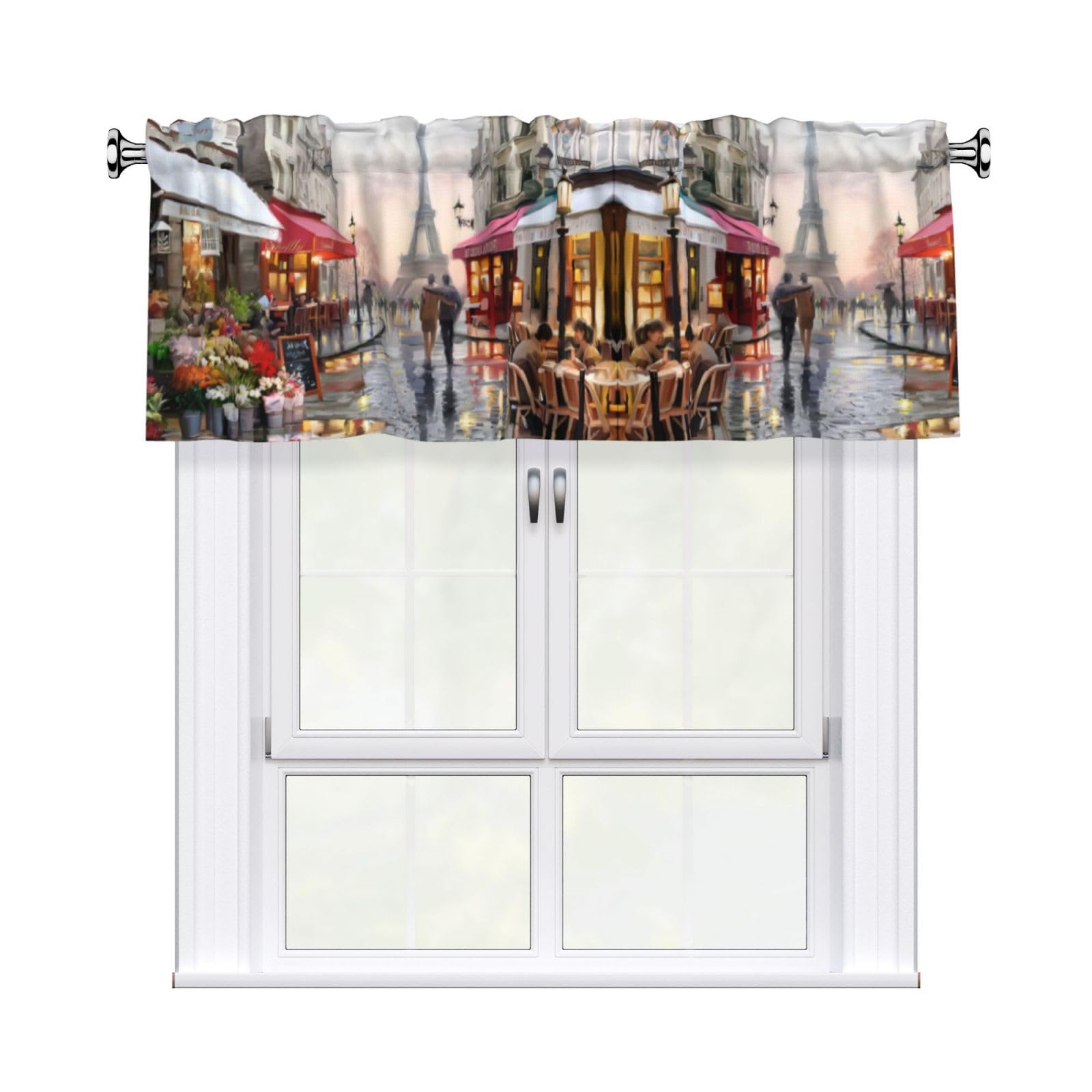 WHJDPP Oil Painting Paris Street Scene Eiffel Tower Prints Charming Kitchen Window Cover – 54x18 Inch Peach Skin Valance with Decorative Print