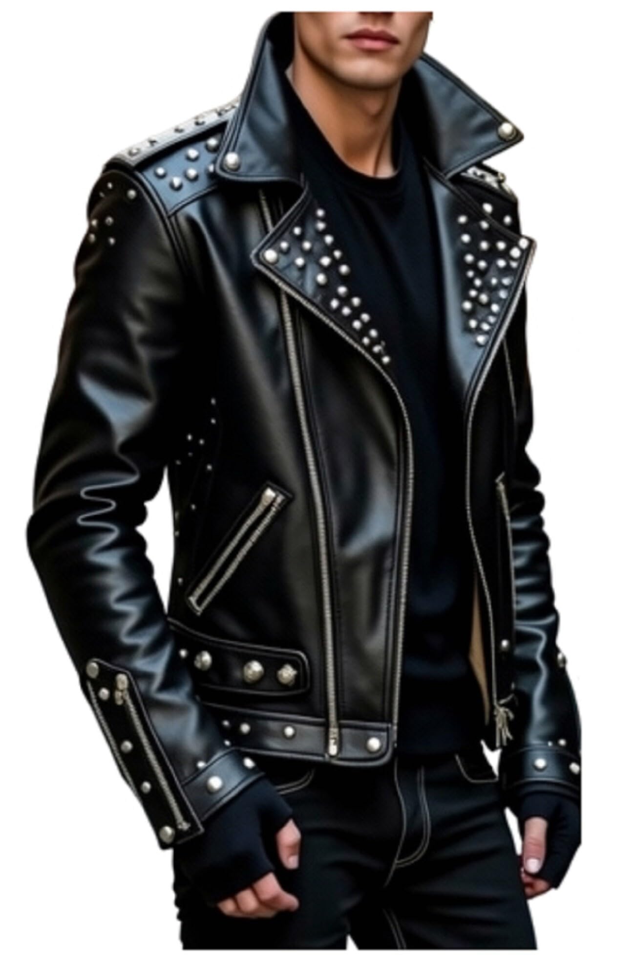 Giacca da motociclista da uomo, in pelle di alta qualità, con borchie, stile punk rock, stampa scheletrata,