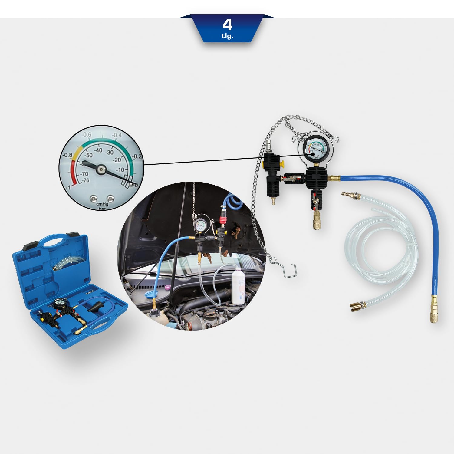 Kit de Remplissage et de Purge Universel BT521100-4 Pièces pour Système de Refroidissement et de Ventilation Voiture - Sans Bulles d’Air - Adaptateur et Boîte de Rangement - BRILLIANT TOOLS