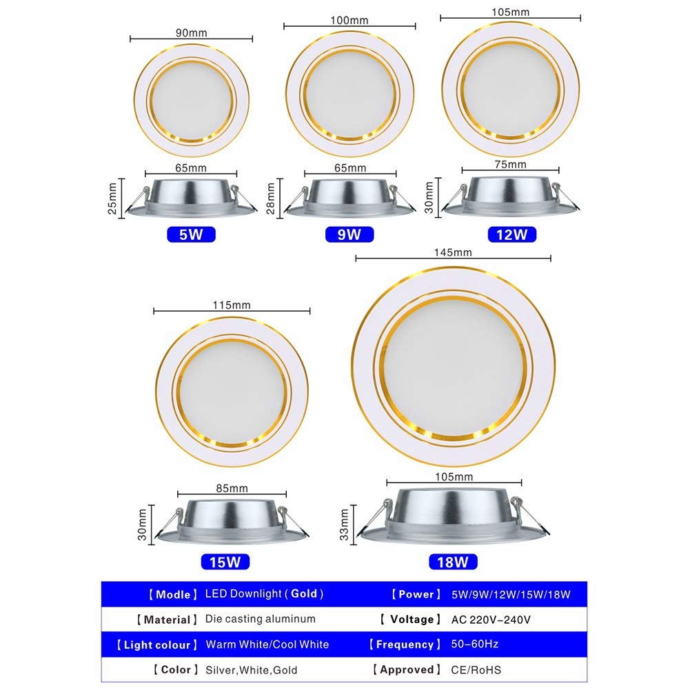 Chillers Focos empotrables LED Planos no Regulables 230V Blanco cálido Juego de 10 focos empotrables LED focos de baño focos LED para salón baño (Color : Gold, Size : Warm White 12w)