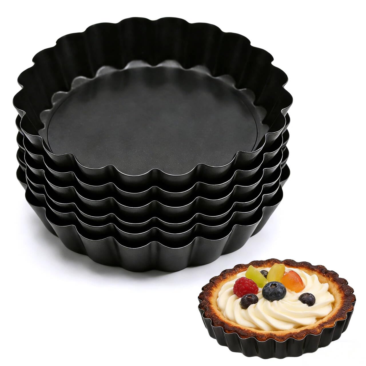 Rthynti Quiche Pan, 6Pcs Tart Tin, 12 x 2cm Quiche Tins with Loose Base Flan Tins with Loose Base for Baking Cooking Quiche Pie Tartlet Cheesecake