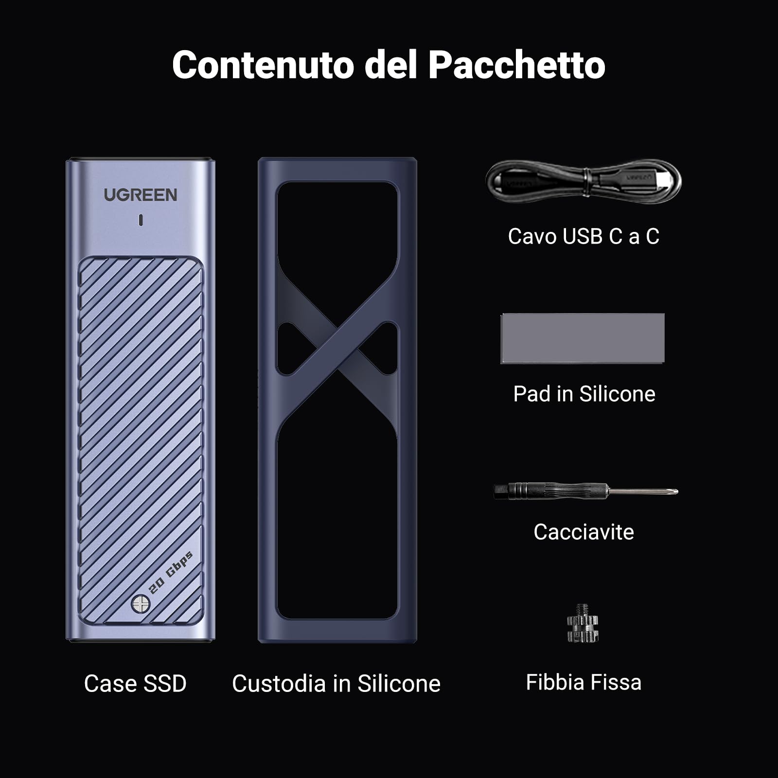 UGREEN Case SSD M.2 NVMe SATA 20Gbps USB C 3.2 Gen 2x2, Enclosure per Disco Rigido M/M&B Key 2230/2242/2260/2280, Case Hard Disk con Cavo Compatibile con 970 Evo Plus 980 PRO WD SN770 Kingston