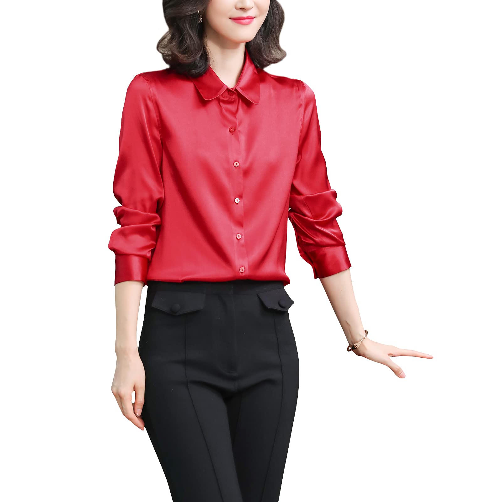 Valin Blusa de seda para mujer, camisa de seda sólida, con botones, blusa de manga larga, solapa de seda, S6630