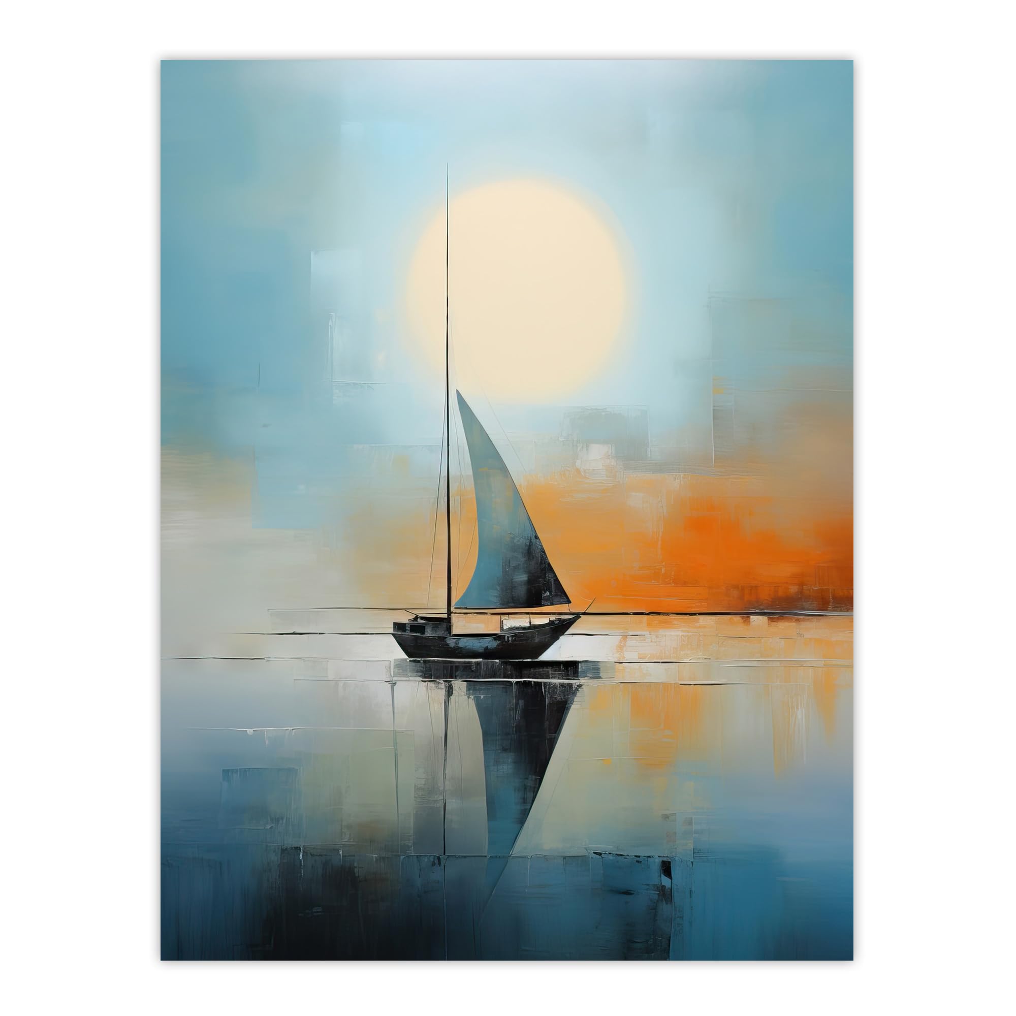 Artery8 Unframed 12X16" Seascape Modern Abstract Sailboat Boat Artwork Calm Elegant Blue On Orange Unframed Wall Art Print Poster Home Decor Premium