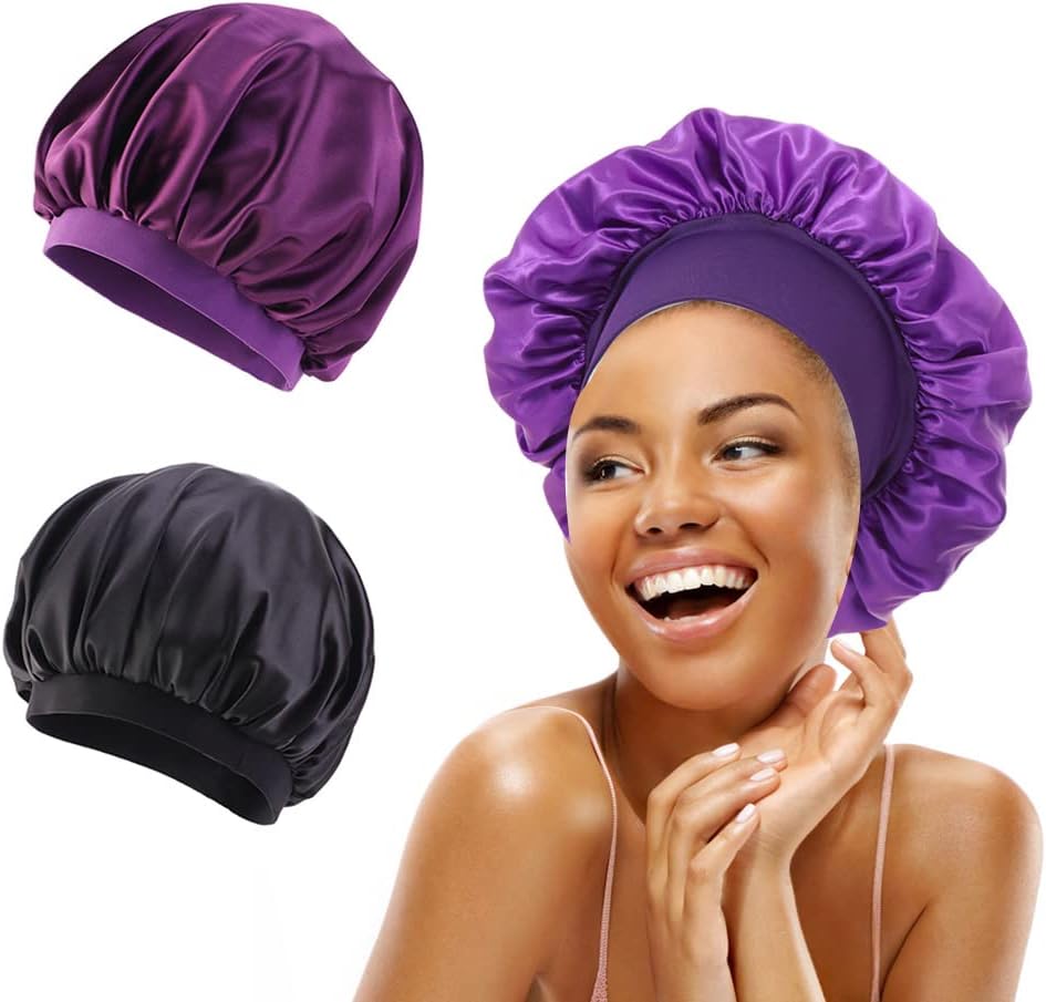 Satin Bonnet, Women's Satin Sleeping Cap, 2 Pieces Sleep Cap, Silk, Night Cap, Bonnet, Adjustable Silk Bonnet, Silk Bonnet for Sleeping, Soft Satin Cap for Curls, Women, Black + Purple, Black +