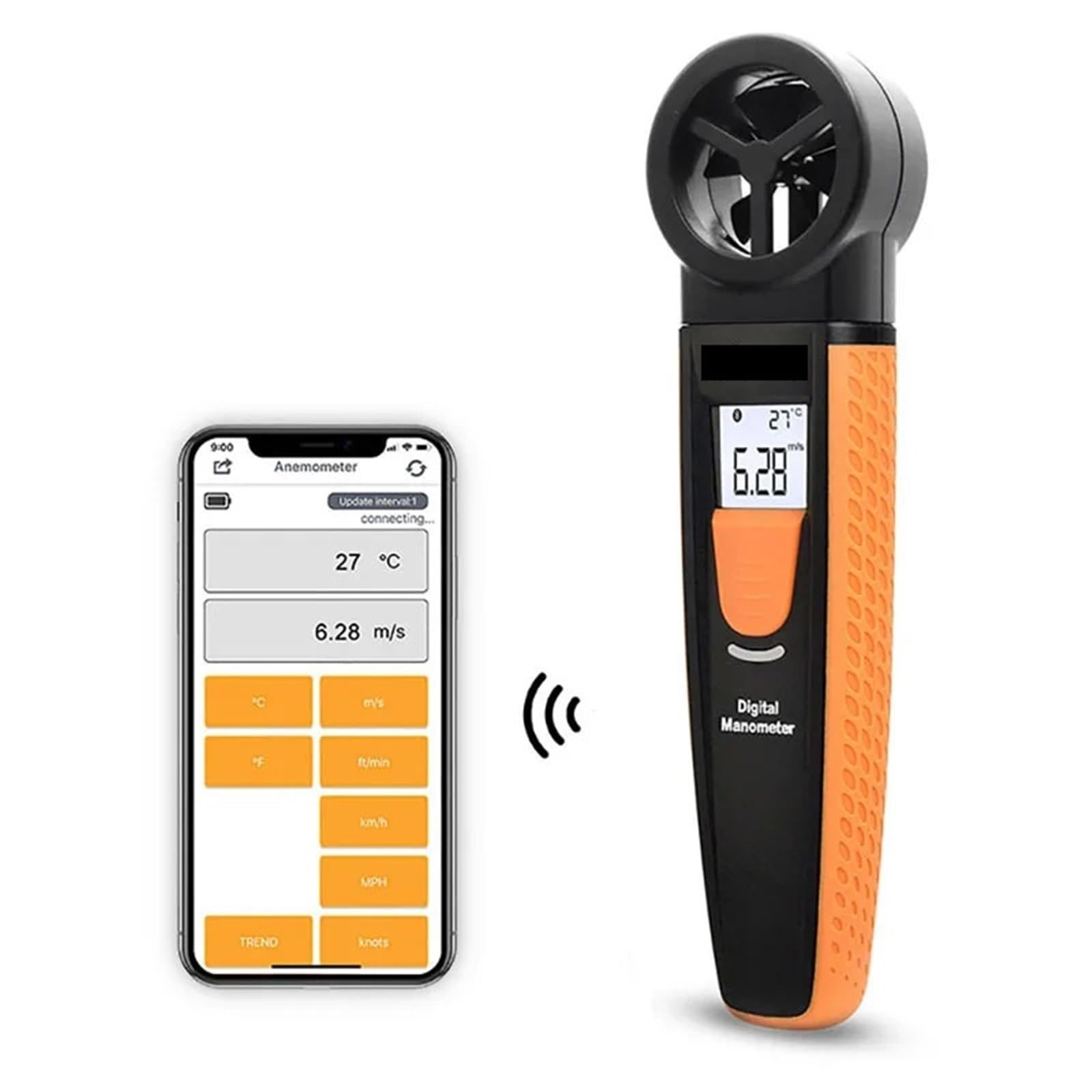 Wiatromierz, Miernik prędkości wiatru, cyfrowy, kieszonkowy anemometr, termometr pomiarowy, kompatybilny z Bluetooth, aplikacja 1~30,0M