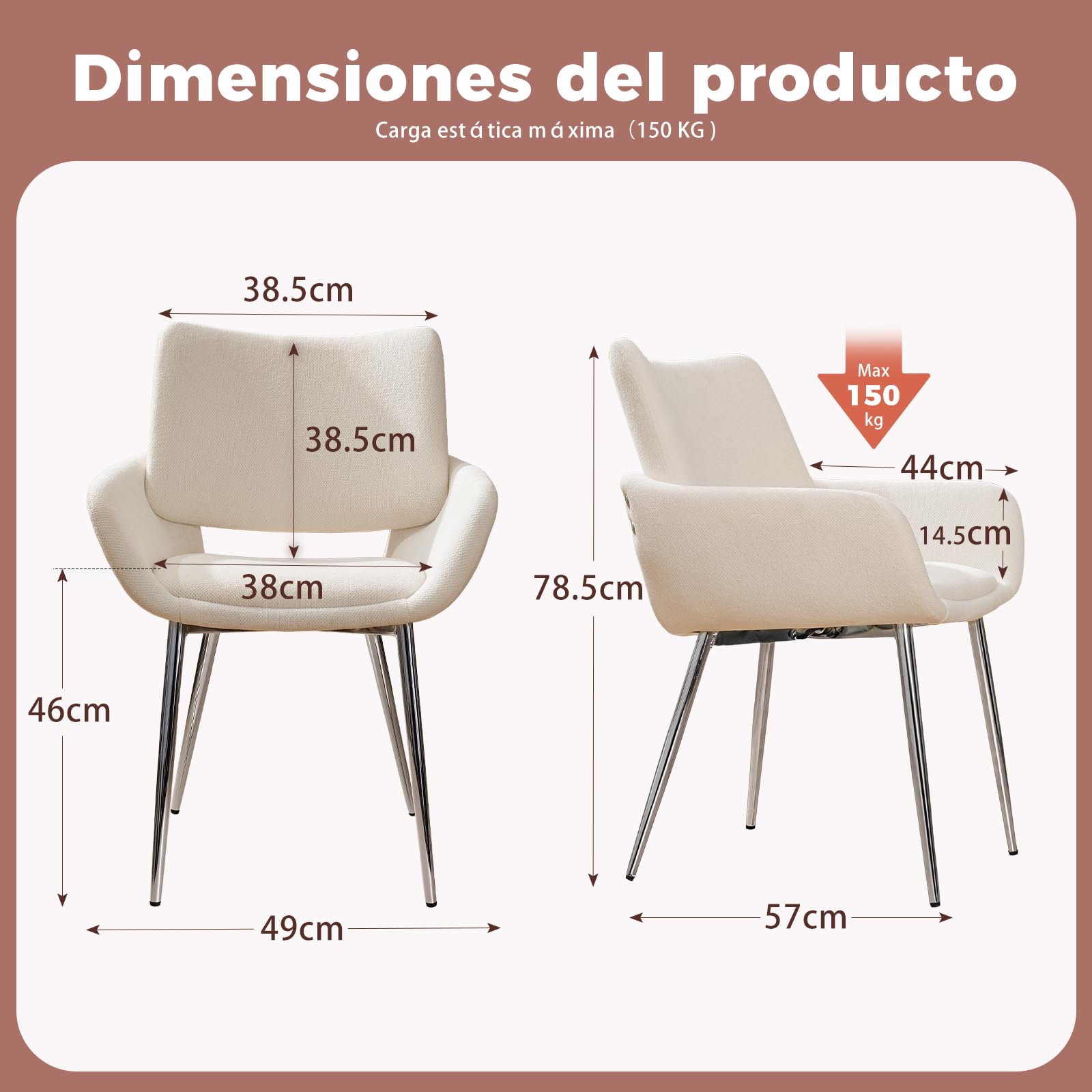 ELUCHANG 4 Sillas de Comedor, Chenilla​ Blanco Hueso, con Respaldo y Reposabrazos,Patas metálicas, para Comedor, Tocador, Cocina, Estables 150 kg