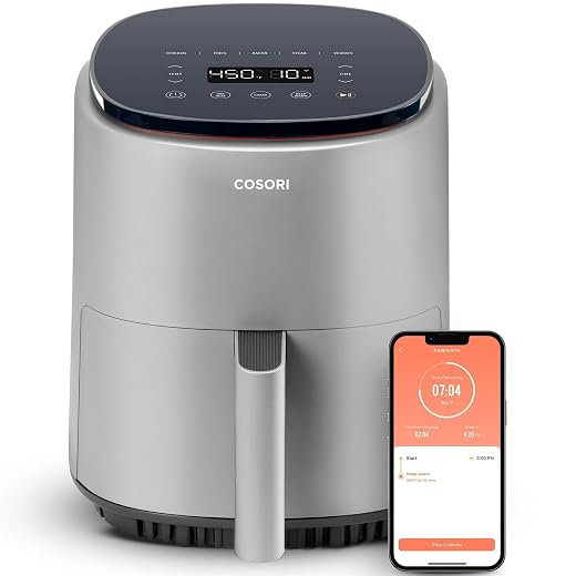 Cosori Air Fryer 4 Qt, 7 Cooking Functions Airfryer, 150+ Recipes on Free App, 97% less fat Freidora de Aire, Dishwasher-safe, Designed for 1-3 People, Lite 4.0-Quart, Smart, Light Gray