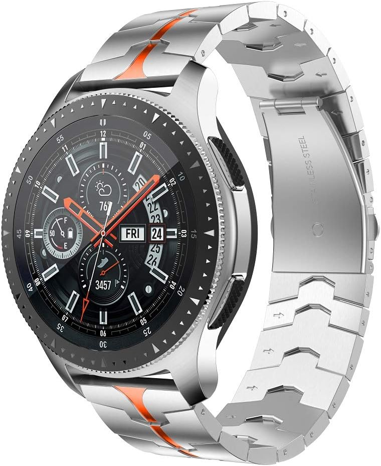 Compatible for Samsung Galaxy Watch 3 45mm/46mm bands,22mm Enamel Process Stainless Steel Metal Watch Strap Compatible Samsung Watch 3 45mm,Gear S3 Frontier/Classic Smartwatch,Silver+Orange